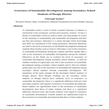 Awareness of sustainable development among secondary school students of hoogly district