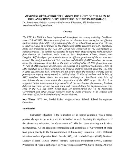 Awarness of stakeholders about the rte act 2009