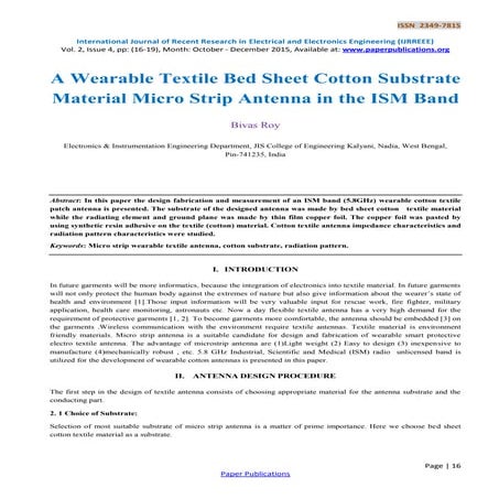 A Wearable Textile Bed Sheet Cotton Substrate Material Micro Strip Antenna in...