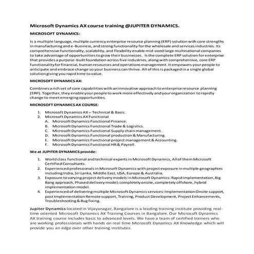 Microsoft Dynamics AX course training @Jupiter Dynamics.