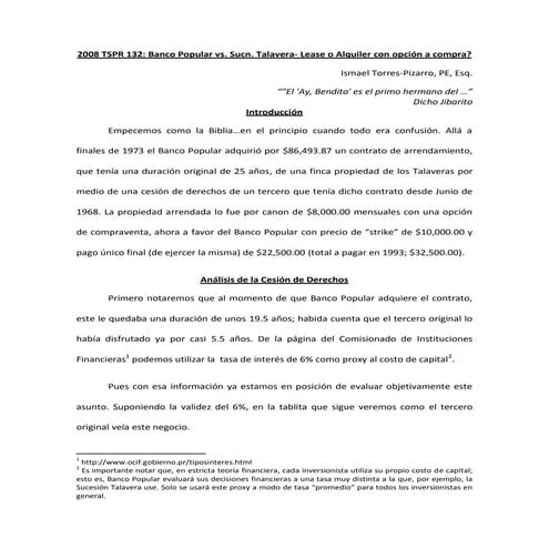 2008 TSPR 132: Banco Popular vs. Sucn. Talavera- Lease o Alquiler con opción ...