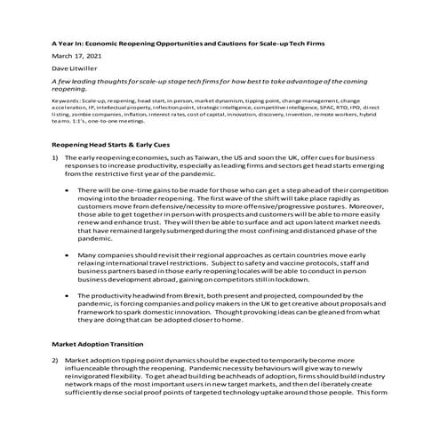 A Year In - Economic Reopening Opportunities and Cautions for Scale-up Tech F...