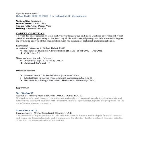 Ayesha sabir resume | PDF