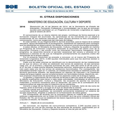 Ayudas programa inmersión linguistica en ingles