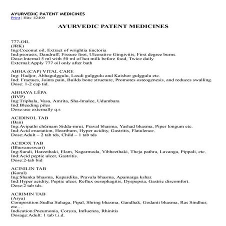 AYURVEDIC PATENT MEDICINES list in alpha