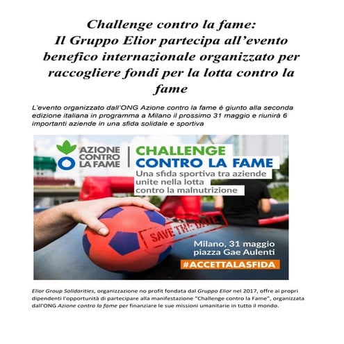 Azione contro la fame challenge contro la fame evento benefico 31 maggo milano