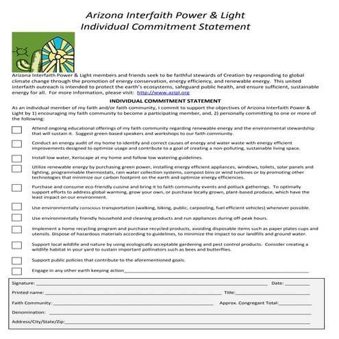Arizona Interfaith Power & Light Individual Commitment Statement  