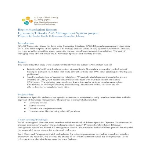 EJournals AZ Management System - Recommendation report 