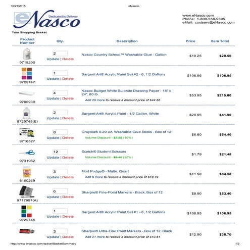 K-12 Grade Art Supply Order 