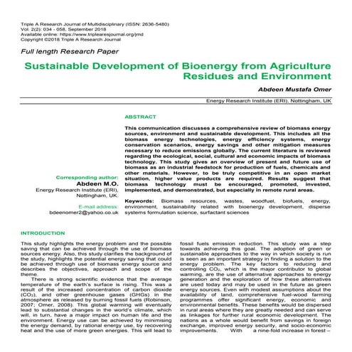 Sustainable Development of Bioenergy from Agriculture Residues and ...