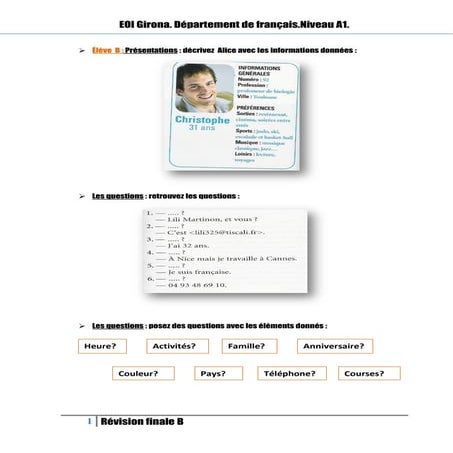  Exercices de révision Français A1 (élève B)