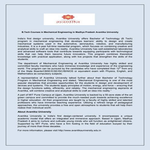 B.tech courses in mechanical engineering in madhya pradesh avantika university