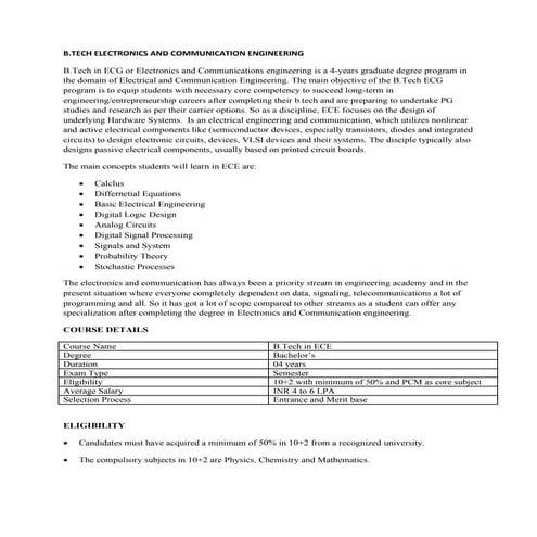 B.TECH ELECTRONICS AND COMMUNICATION ENGINEERING, ELIGIBILITY, FEE, JOBS, INS...