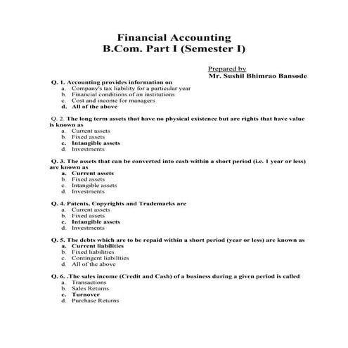 Financial Accounting B.com. Part I, semester I 