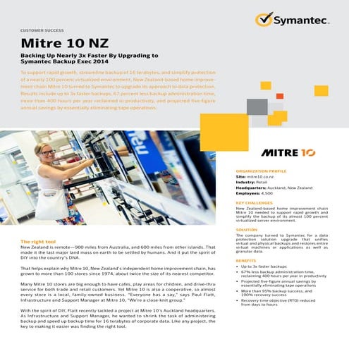 Backup Exec 2014 Customer Success Story  - Mitre 10 