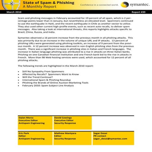 Spam and Phishing Report - Marzo 2010