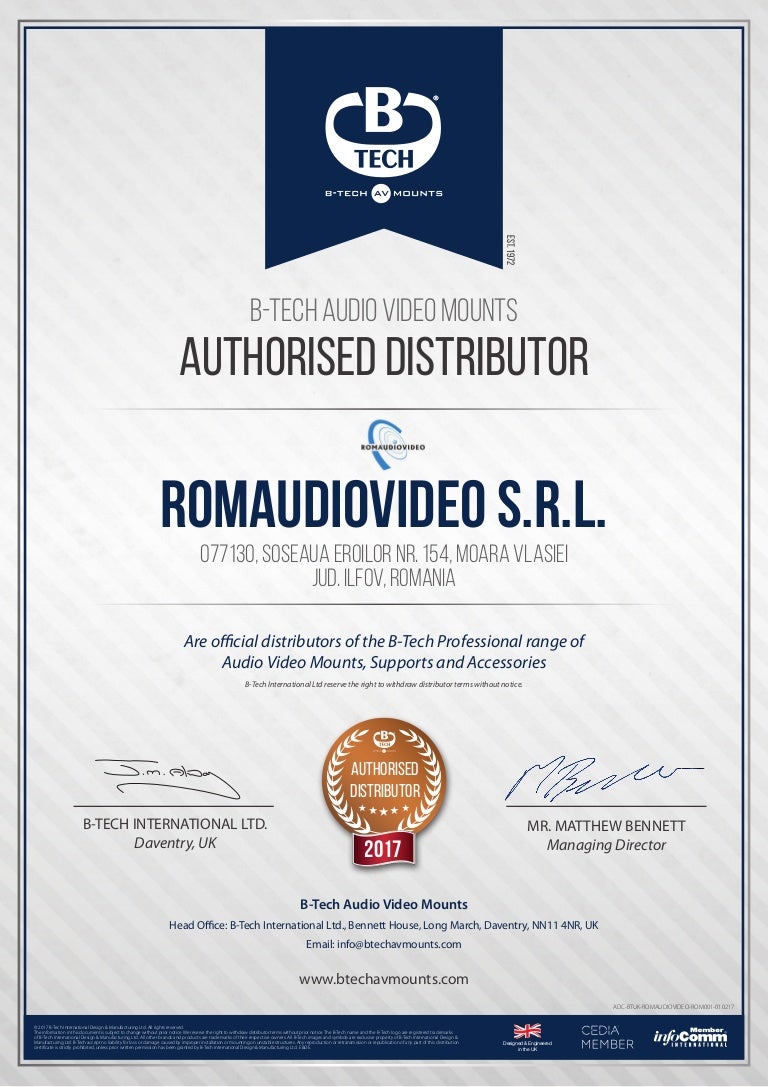 B tech 2017 distributor certificate Romania