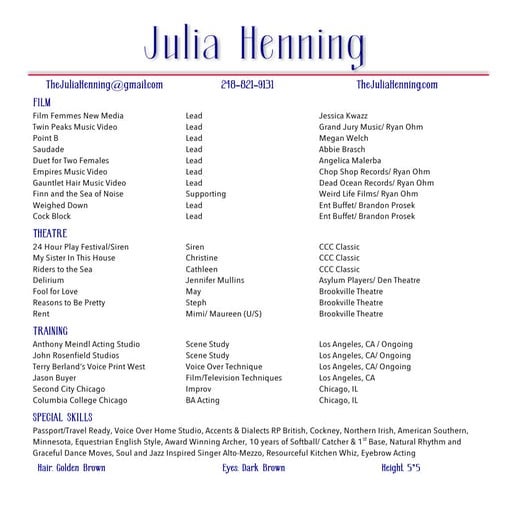 Henning Theatrical Resume 