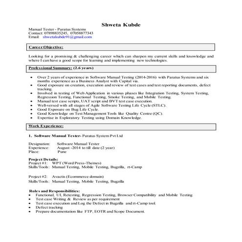 shweta resume software manual tester