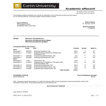 Academic transcript final 2015 | PDF
