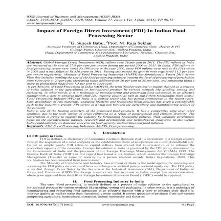 Impact Of Foreign Direct Investment Fdi In Indian Food Processing