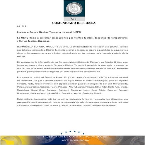 19-03-2015 Ingresa a Sonora Décima Tormenta Invernal: UEPC. B031522