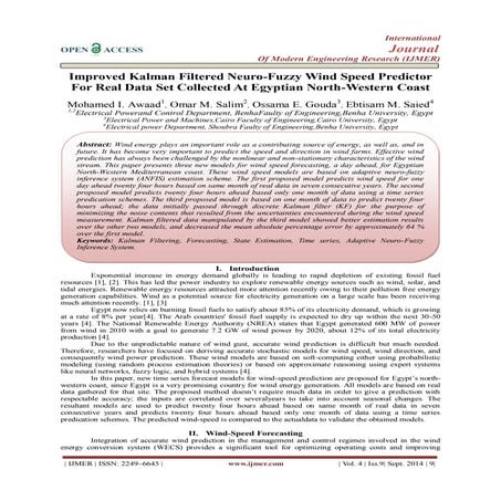 Improved Kalman Filtered Neuro-Fuzzy Wind Speed Predictor  For Real Data Set ...