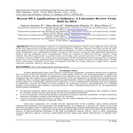 Recent DEA Applications to Industry: A Literature Review From 2010 To 2014