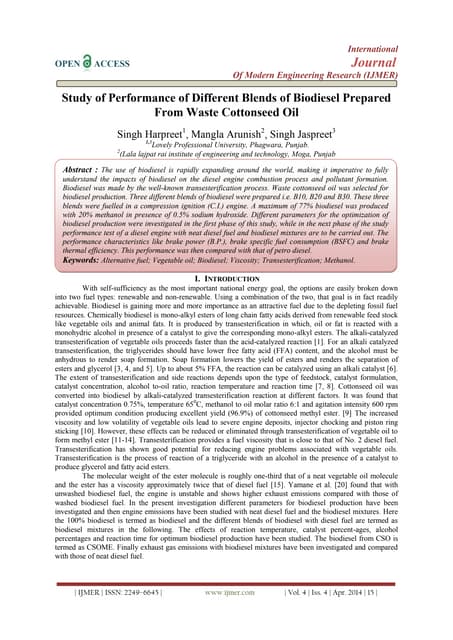 Study of Performance of Different Blends of Biodiesel Prepared  From Waste Co...