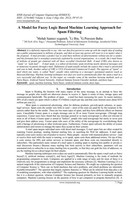 A Model for Fuzzy Logic Based Machine Learning Approach for  Spam Filtering