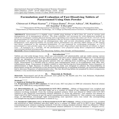 Formulation and Evaluation of Fast Dissolving Tablets of Paracetamol Using Oa...