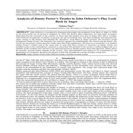 Analysis of Jimmy Porter’s Tirades in John Osborne’s Play Look Back in Anger