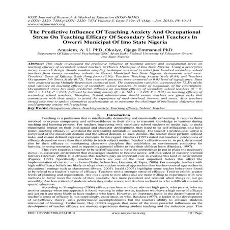 The Predictive Influence Of Teaching Anxiety And Occupational Stress On Teach...