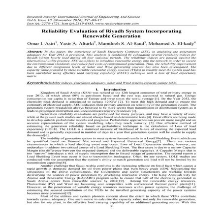 Reliability Evaluation of Riyadh System Incorporating Renewable Generation