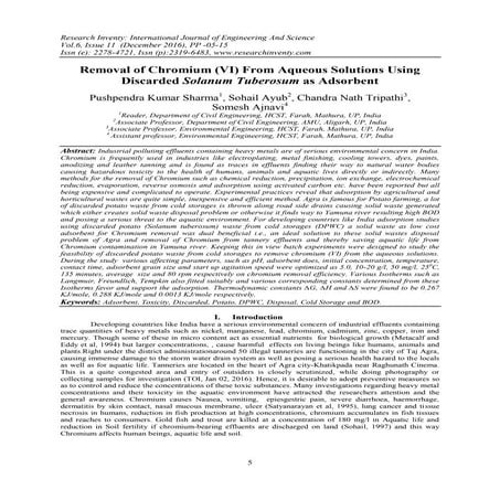 Removal of Chromium (VI) From Aqueous Solutions Using Discarded Solanum Tuber...