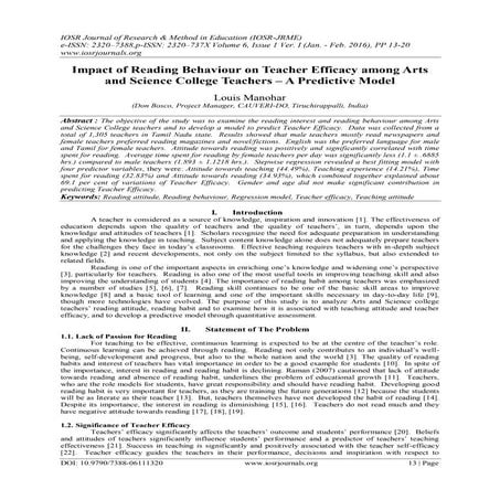 Impact of Reading Behaviour on Teacher Efficacy among Arts and Science Colleg...