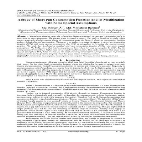 A Study of Short-run Consumption Function and its Modification with Some Spec...