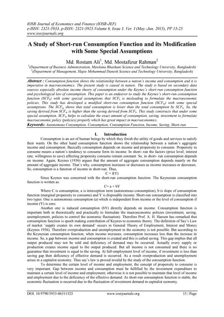 A Study of Short-run Consumption Function and its Modification with Some Spec...
