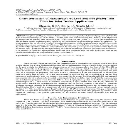 Characterisation of NanostructuredLead Selenide (PbSe) Thin Films for Solar D...
