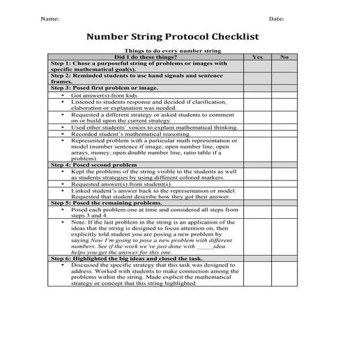 Number String Protocol Checklist