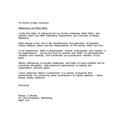 Mark Klein Reference Letter | DOCX