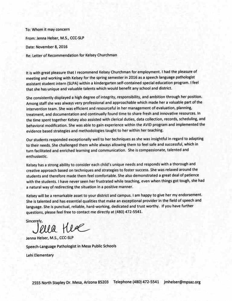 kelseys letter of recommendation by jenna helser ccc slp letter of recommendation for speech pathologist