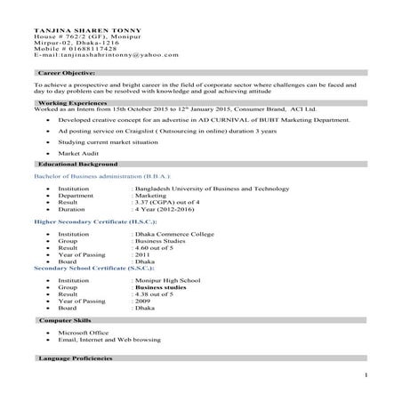 Resume Tanjina Shahrin Tonny(1) | PDF | Free Download