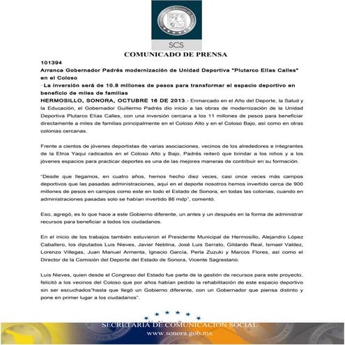 16-10-2013 El Gobernador Guillermo Padrés dio inicio a las obras de moderniza...