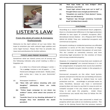 LISTERS LAW APRIL EDITION
