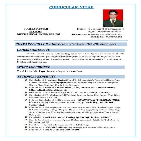 2016 Resume of Rajeev Kumar, Inspection Engineer (Surveyor-1) | DOCX
