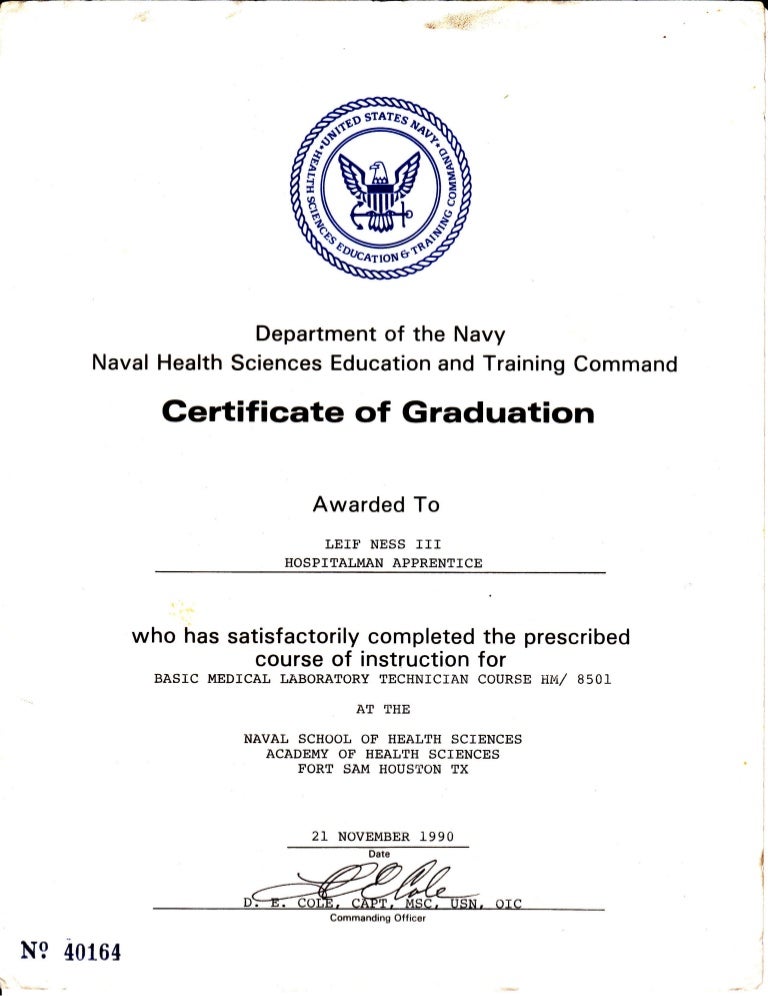 US Navy Medical Laboratory School Diploma
