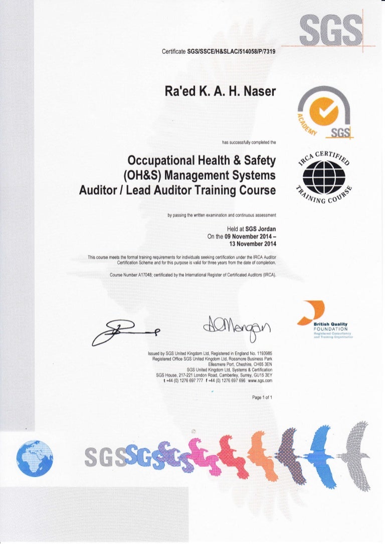 Lead Auditor OHSAS18001 Certificate