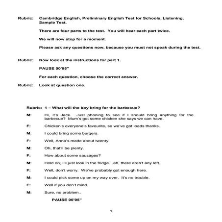 B1 preliminary schools 2020 sample tests listening script | PDF