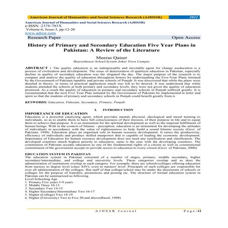 History of Primary and Secondary Education Five Year Plans in Pakistan: A Rev...